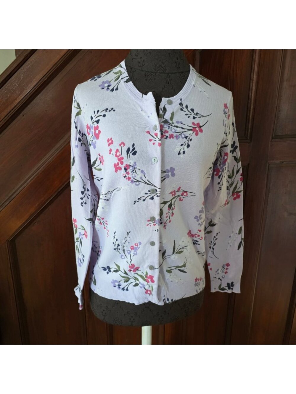 Floral Print Lavender Button-Up Cardigan Sweater By Karen Scott Size M